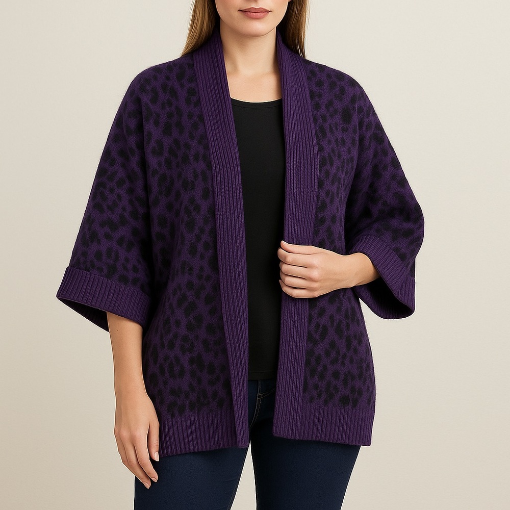 Rafaella Purple Leopard Print Open Front‎ Cardigan Sweater L Rabbit Hair Wool
